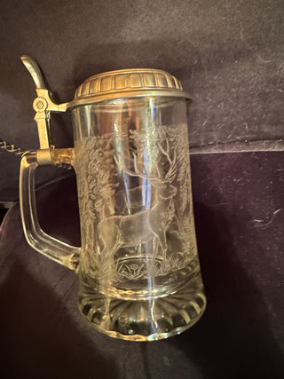 Etched Deer Crystal Beer Stein Tankard Glass Mug / w Pewter Lid Germany #47 VV MTS