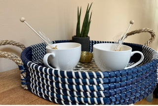 Rattan Woven Ocean Blue Serving Tray Basket #23 VV MTS|83237