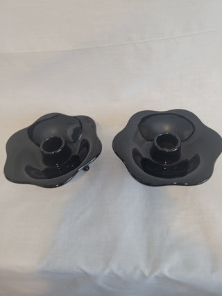 MCM Black Glass Lotus Footed Candle Holder Set RCD|101085