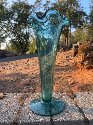 11.5” aqua blue trumpet glass vase