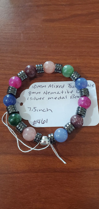 Bracelet #461 10mm mixed tourmaline & hematite