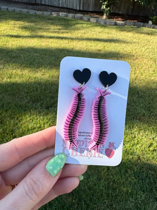 Hot Pink Centipede Earrings Heart Post MTS|84463