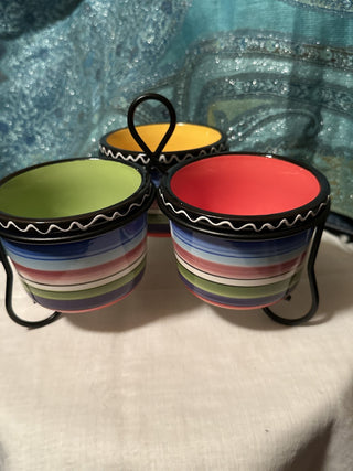 Multicolor stripe triple dish in stand (4 pieces). #SM. RCD|75196