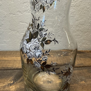 Vtg Libbey White/Gold Rose Floral Glass Carafe RCD