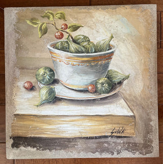 BEAUTIFUL" FIGS IN BOWL" STILL LIFE CANVAS 24" X 24" WIRE HANGER.  SOLID WOOD FRAME ON BACK. HEAVYWEIGHT CANVAS HAS TEXTURE LIKE ORIGINAL ART PIECE. FROM BAY AREA INTERIOR DESIGN SHOP - DESIGN & INTERIORS LOS ALTOS STORE PICK UP ONLY (KJS) RCD