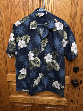 Vintage Pacific Legend Hawaiian Shirt Blue with White Flowers Size LG-RCD|93268