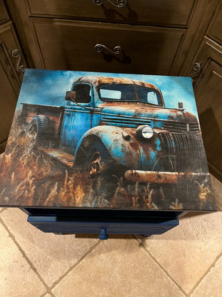 Custom Designed Rustic Blue Truck Wood Side Table or Night Stand w/Drawer RSV