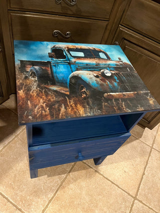 Custom Designed Rustic Blue Truck Wood Side Table or Night Stand w/Drawer RSV