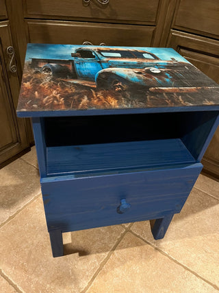 Custom Designed Rustic Blue Truck Wood Side Table or Night Stand w/Drawer RSV