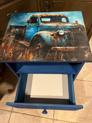 Custom Designed Rustic Blue Truck Wood Side Table or Night Stand w/Drawer RSV