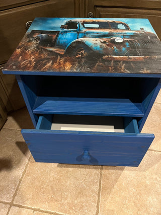 Custom Designed Rustic Blue Truck Wood Side Table or Night Stand w/Drawer RSV