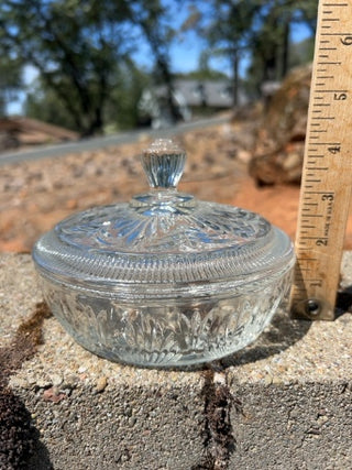 JP vintage Avon clear pressed glass lidded candy dish