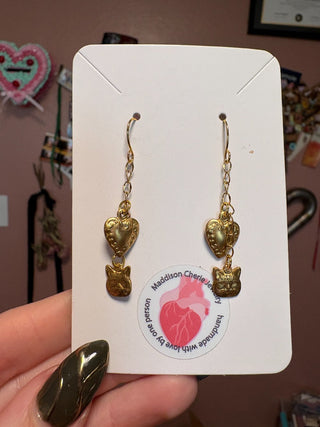 Cat and Heart Chain Dangle Earrings MTS