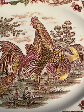 BEAUTIFUL ROOSTER & CHICKEN PLATTER VIBRANT COLORS FRUIT & LEAF RIM 18" X 14" EXCELLENT CONDITION NO CHIPS OR CRACKS (KJS) RCD|129604