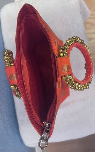 EMBROIDERED INDIAN RAW SILK PURSE, ORANGE WITH BEADED HANDLES|64854