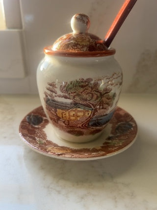 1940s Transferware Mustard Jar or Jam Pot With Under Plate