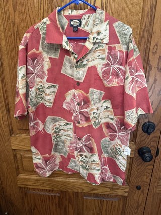 Vintage Tommy Bahama Hawaiian Shirt Red with Pink Flowers SZ L -RCD|99227