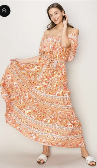 Women's Large Hawaiian Floral Print Off Shoulder Maxi Dress RCD|158794