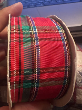 1 Roll Plaid Ribbon Red w/green, blue & gold 1-3/8 X9ft Ribbon #62 VV MTS