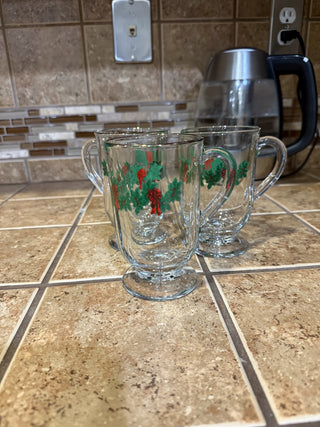 Vintage Libbey Christmas Holly Garland Irish Coffee 10oz Pedestal Mugs RCD|137098
