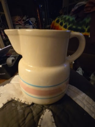 Vintage McCoy Pottery Pitcher with Pink and Blue Stripe #132 USA