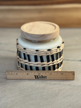 HANDMADE UPCYCLED CANDLE GLASS JAR W/LID W/WEAVING ON OUTSIDE SCENT BLACK RASPBERRY VANILLA