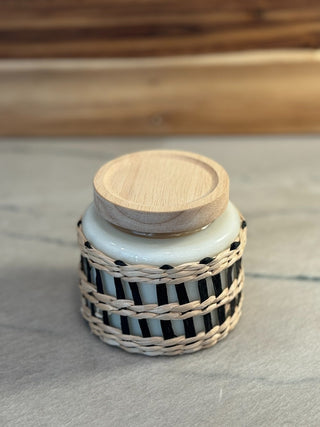 HANDMADE UPCYCLED CANDLE GLASS JAR W/LID W/WEAVING ON OUTSIDE SCENT BLACK RASPBERRY VANILLA
