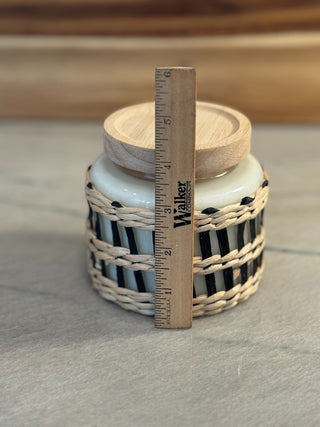 HANDMADE UPCYCLED CANDLE GLASS JAR W/LID W/WEAVING ON OUTSIDE SCENT BLACK RASPBERRY VANILLA