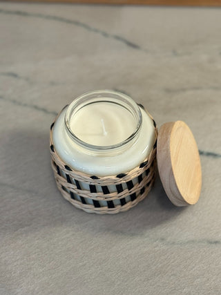 HANDMADE UPCYCLED CANDLE GLASS JAR W/LID W/WEAVING ON OUTSIDE SCENT BLACK RASPBERRY VANILLA