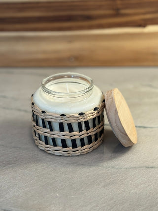 HANDMADE UPCYCLED CANDLE GLASS JAR W/LID W/WEAVING ON OUTSIDE SCENT BLACK RASPBERRY VANILLA