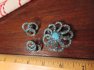 Turquoise blue flower brooch & clip on earrings set RCD|150254