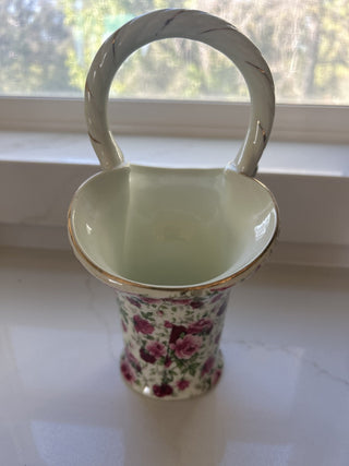 FORMALITIES BY BAUM BROS PORCELAIN BASKET VASE ROSES, GOLD ACCENTS 9"x7"-RSV