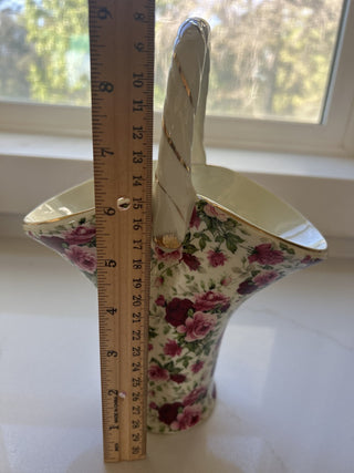 FORMALITIES BY BAUM BROS PORCELAIN BASKET VASE ROSES, GOLD ACCENTS 9"x7"-RSV