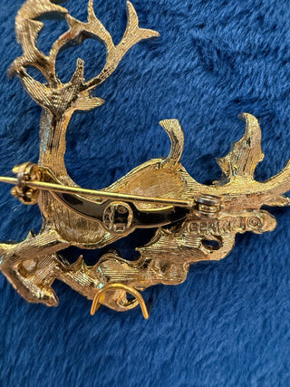 Vintage Christmas Brooch/Pin Gold Tone Rudolph Reindeer & Holly Signed Gerrys 2"|140310