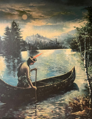 LOVELY LOUISE M  KELLY "INDIAN GIRL IN CANOE ON A MOONLIT NIGHT ON THE LAKE" 1920'S ART PRINT ON HARDBOARD 10.5 X 13 VERY GOOD CONDITION (KJS) RCD