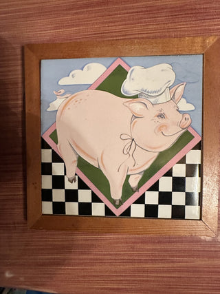 1981 Chef Pig Wood Framed Ceramic Tile / Trivet wall hanging Pig Pelzman design #63 VV MTS|108865
