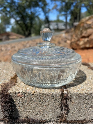 JP vintage Avon clear pressed glass lidded candy dish