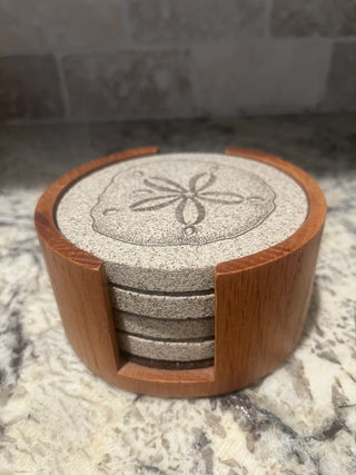 Set of Sand Dollar ThirstyStone Coasters with Holder RCD