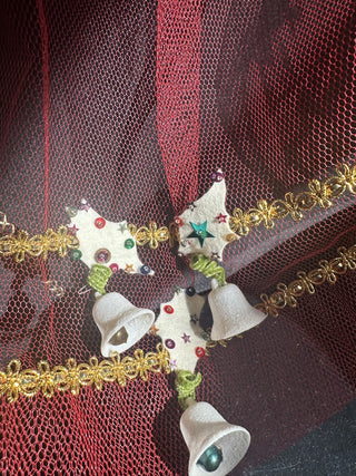 Vintage Holiday Party Apron pretty red ribbon and gold with ornate bells #63 VV MTS|125544