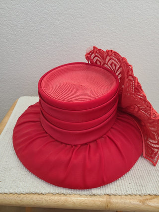Fabulous Vintage Wide-Brimmed Red Satin Bucket Hat, Large Side Bow|74732