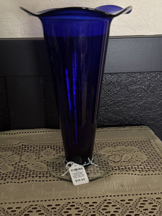Vintage Cobalt Blue  Ruffle Glass Vase with clear base -RC|68449