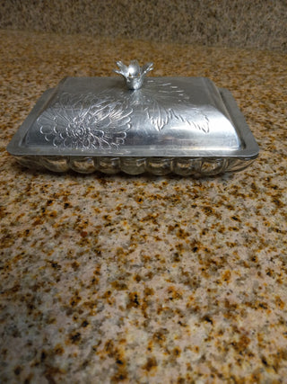 SZ Vtg glass divided dish w/Aluminum lid RCD|59854