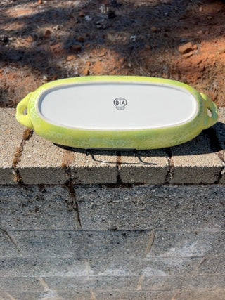 JP yellow, green oval-shaped BIA Cordon Bleu ceramic serving dish