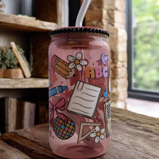 Glass Cup with Bamboo Lid and Straw 16 0z: Black Rhinestone School Supplies RSV|69348