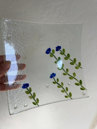 Fused Glass Blue Floral Square Dish