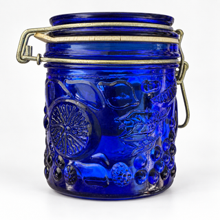 Vintage Cobalt Blue Glass Canister Grape Hobnail Wire Bail Lid Jar