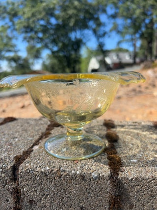 1930s Paden City Yellow Glass Bowl Gothic Garden Etched Design
