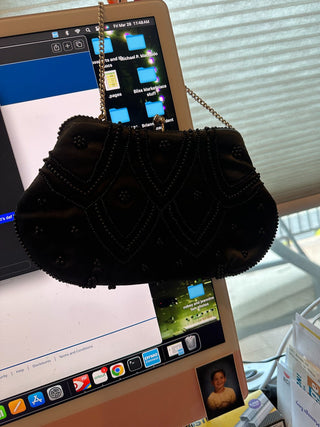 Vintage 1960's black beaded satin evening bagw/gold chain, made in Japan RCD