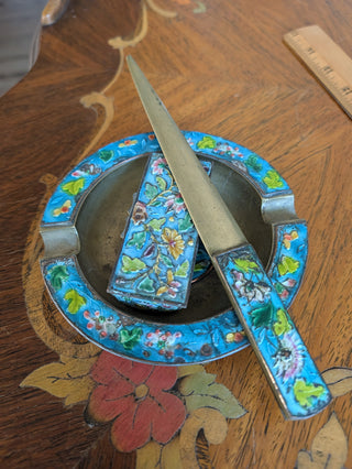 Turquoise Cloisonne 3pc Desk Set Letter Opener Ashtray Stamp Box