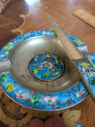 Turquoise Cloisonne 3pc Desk Set Letter Opener Ashtray Stamp Box